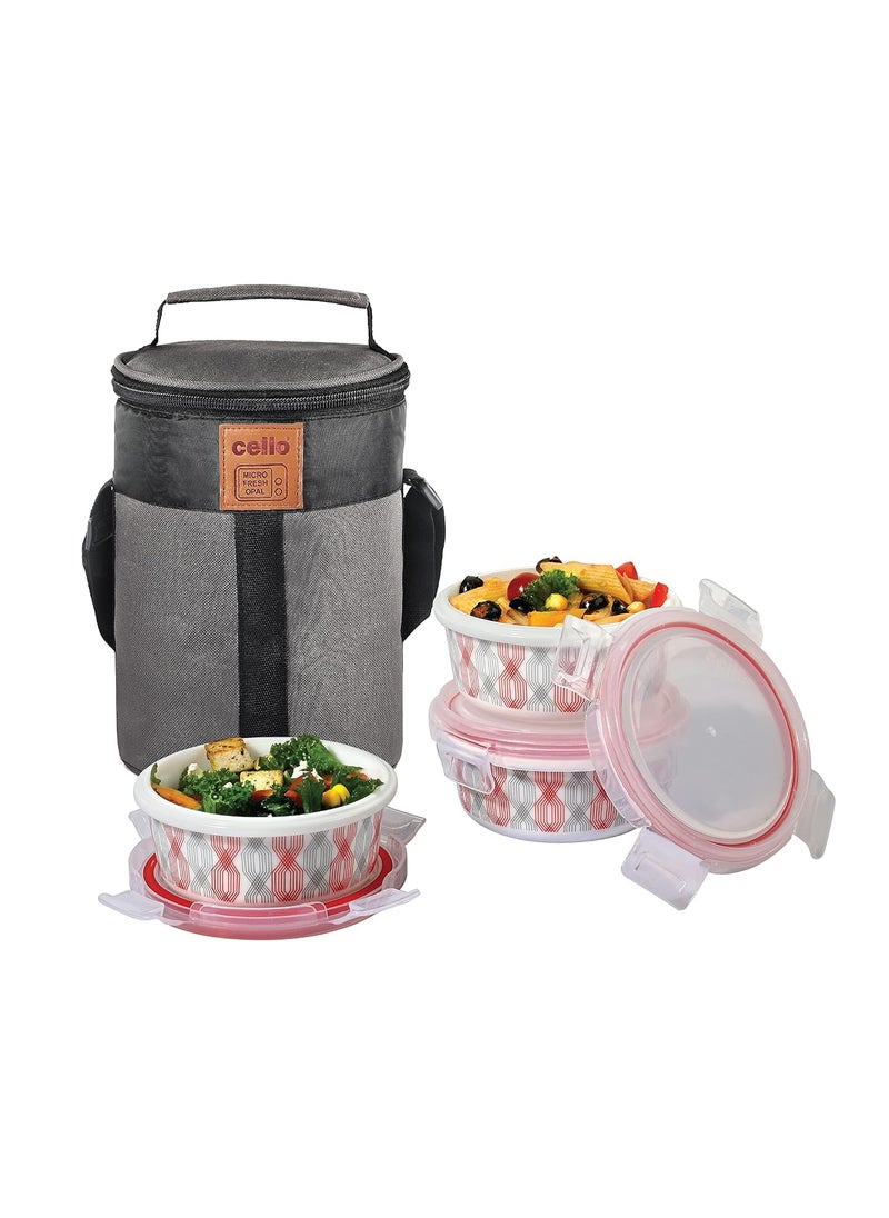 Cello CELLO Red Trellis Opalware Lunch Box with Jacket 3 Containers Lunch Box 300ml  - Image 1