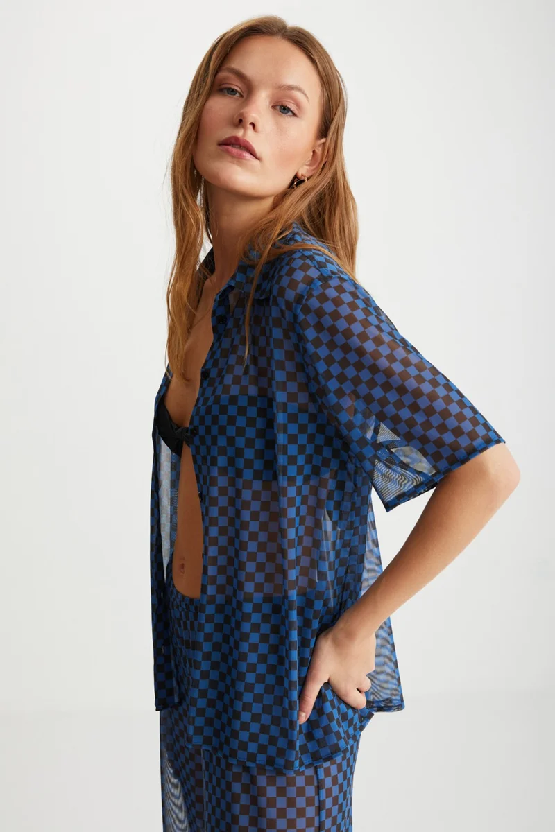 جريميلانج Enora Women's Short Sleeve Chiffon Blue Shirt