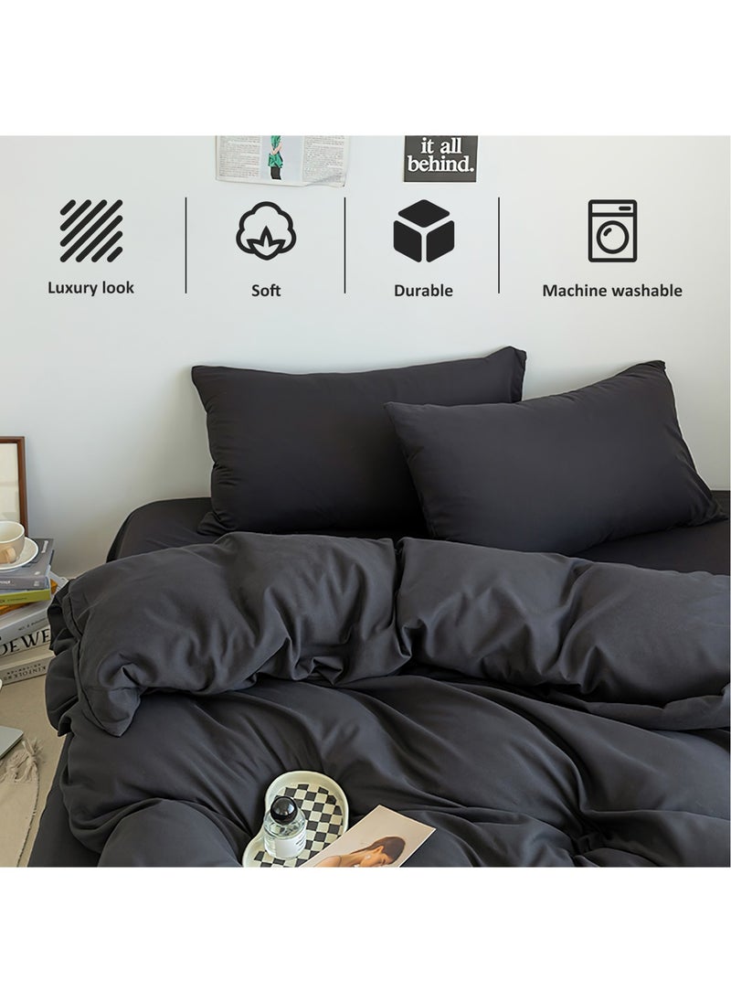 LEFAFA Duvet Cover Set, 4 Pieces Washed Cotton Comforter Cover with Zipper Closure, Include 1 Duvet Cover 220x240cm 1 Flat Sheet and 2 Pillowcase, Comforter Not Included, King Size(Black)  - Image 2