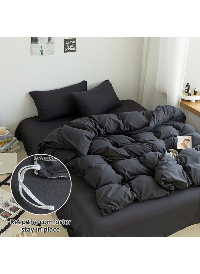 LEFAFA Duvet Cover Set, 4 Pieces Washed Cotton Comforter Cover with Zipper Closure, Include 1 Duvet Cover 220x240cm 1 Flat Sheet and 2 Pillowcase, Comforter Not Included, King Size(Black)  - Image 3