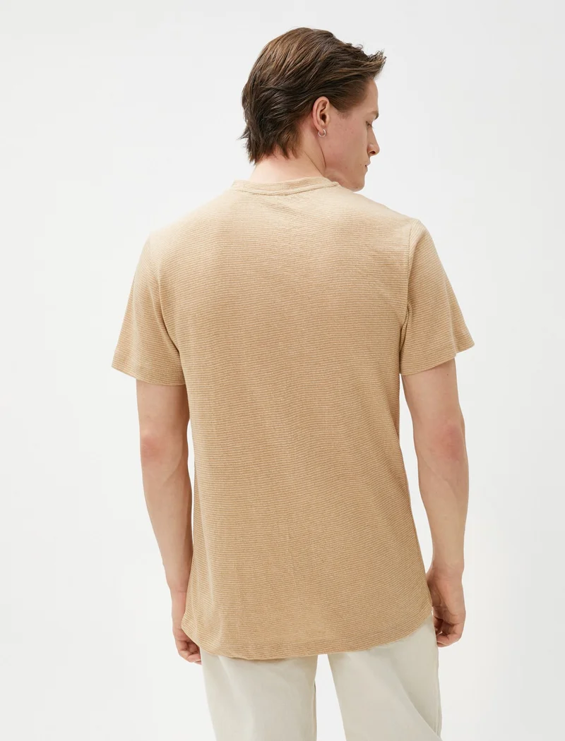 كوتون Striped T-Shirt Linen Blend Short Sleeve Crew Neck