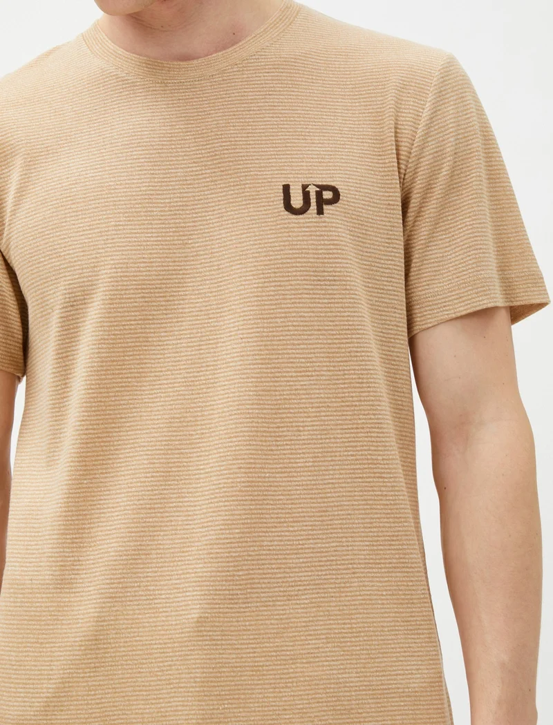 كوتون Striped T-Shirt Linen Blend Short Sleeve Crew Neck