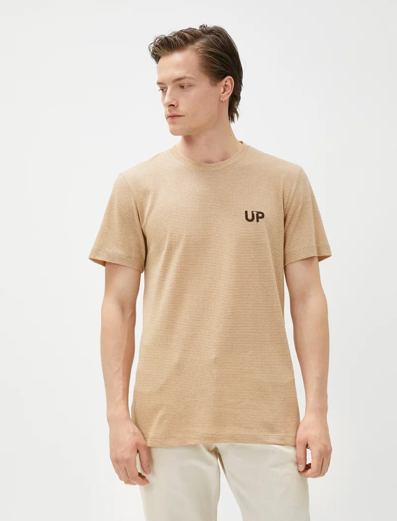 كوتون Striped T-Shirt Linen Blend Short Sleeve Crew Neck