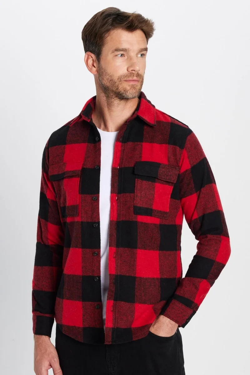 Tudors Men's Slim Fit Slim Fit Lumberjack Double Pocket Flap Checked Winter Shirt