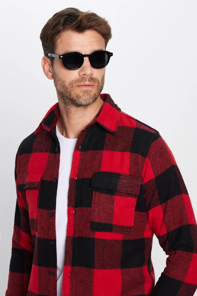 Tudors Men's Slim Fit Slim Fit Lumberjack Double Pocket Flap Checked Winter Shirt