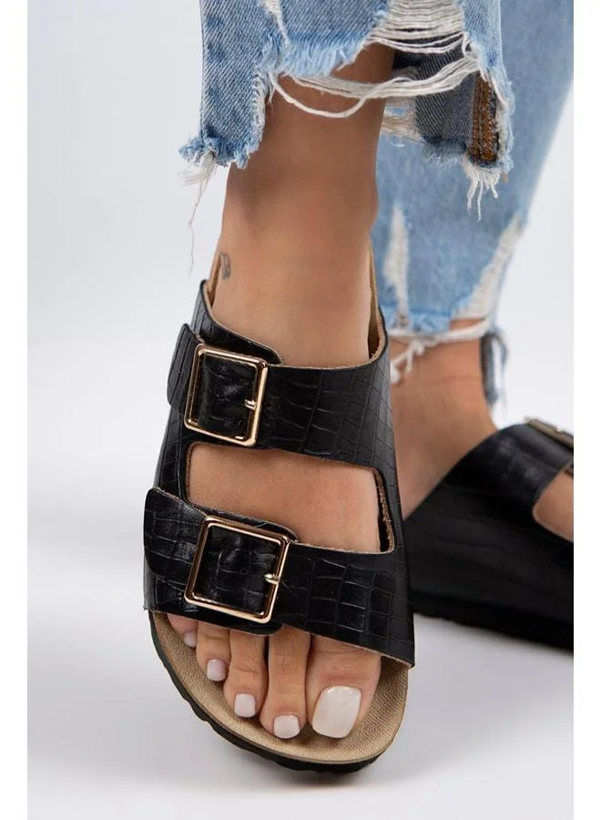 Croco Women's Genuine Leather Double‑Strap Crocodile Black Slipper.