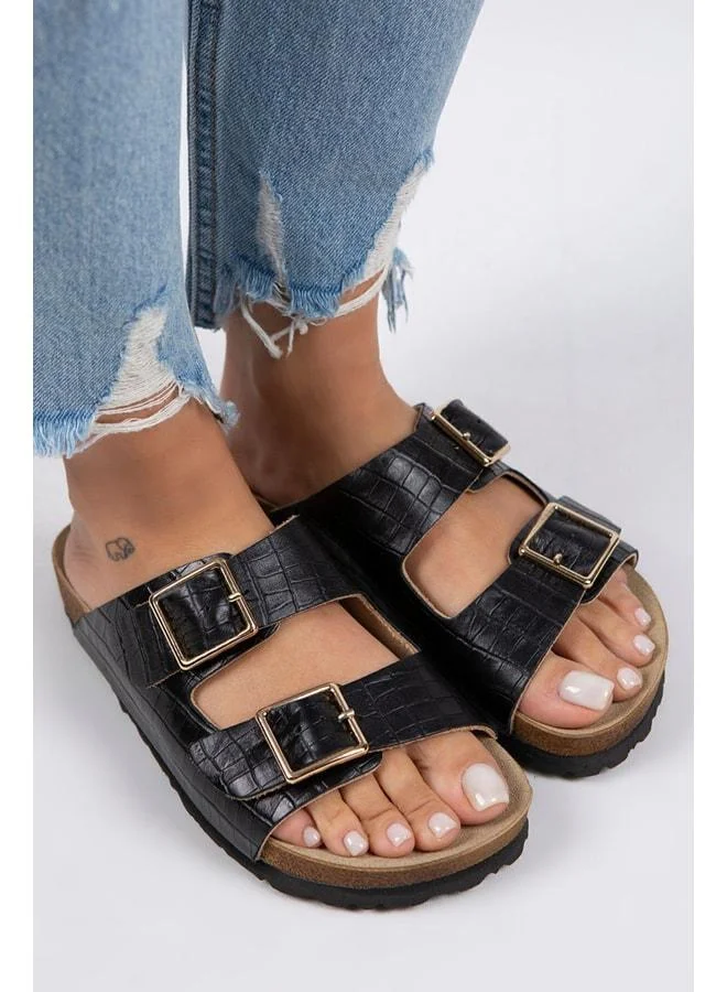 Manijero  Croco Women's Genuine Leather Double‑Strap Crocodile Black Slipper. for Women | Best Price UAE