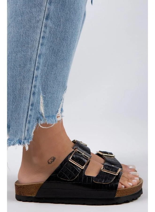 Manijero  Croco Women's Genuine Leather Double‑Strap Crocodile Black Slipper. for Women | Best Price UAE