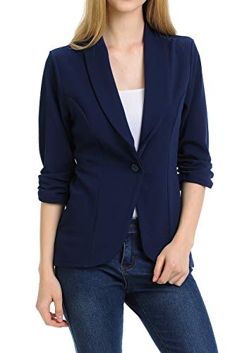 MINEFREE Women's 3/4 Ruched Sleeve Lightweight Work Office Blazer Jacket Navy 3XL - Image 2