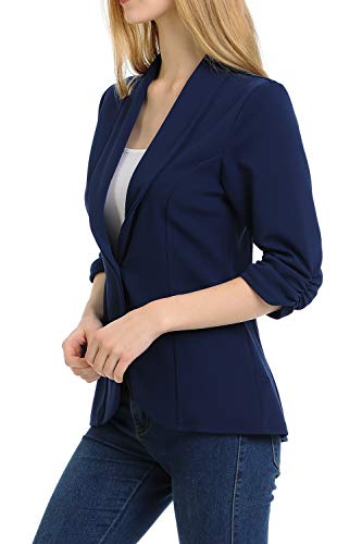 MINEFREE Women's 3/4 Ruched Sleeve Lightweight Work Office Blazer Jacket Navy 3XL - Image 3