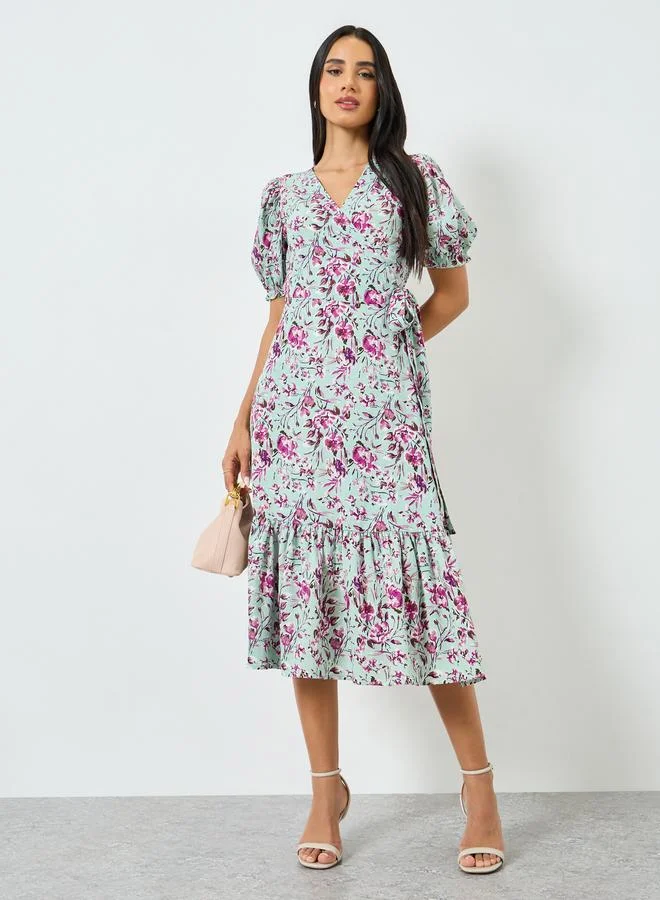 Styli Green Floral Print Ruffled Hem Midi Dress