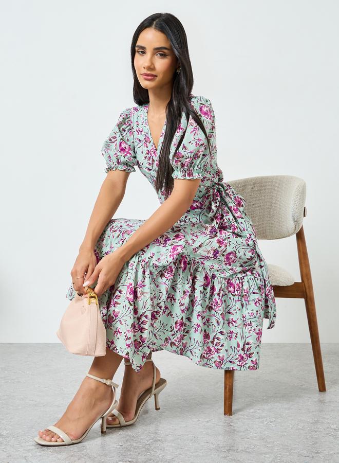 Green Floral Print Ruffled Hem Midi Dress