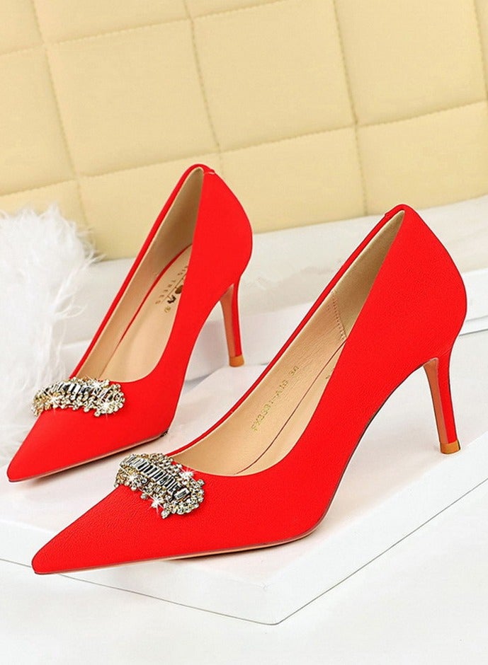 BIGTREE Women's Closed Pointed Toe High Heels Rhinestone Decoration Stiletto Pumps Red 7CM - Image 1