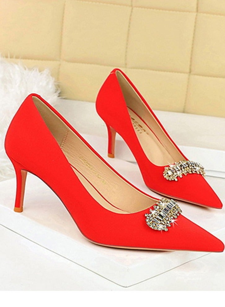 BIGTREE Women's Closed Pointed Toe High Heels Rhinestone Decoration Stiletto Pumps Red 7CM - Image 2
