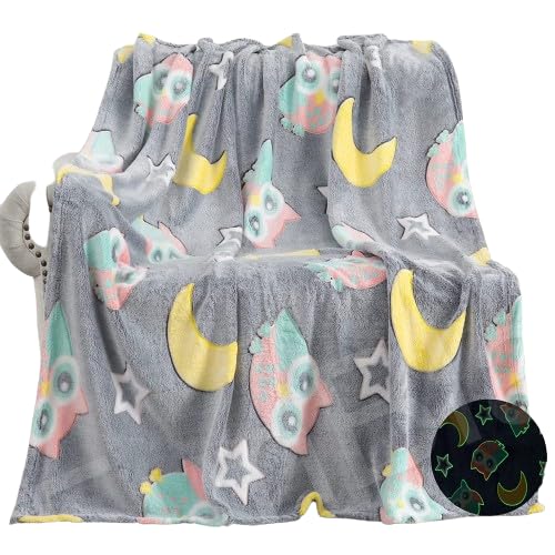 KTrading Blankets for Children Glow in The Dark Blanket Cartoon Print Blankets for Kids Light Weight Soft Cozy ToddlersTravel Lightweight Blanket Multicolor Pack of 1 Grey Owl - Image 1