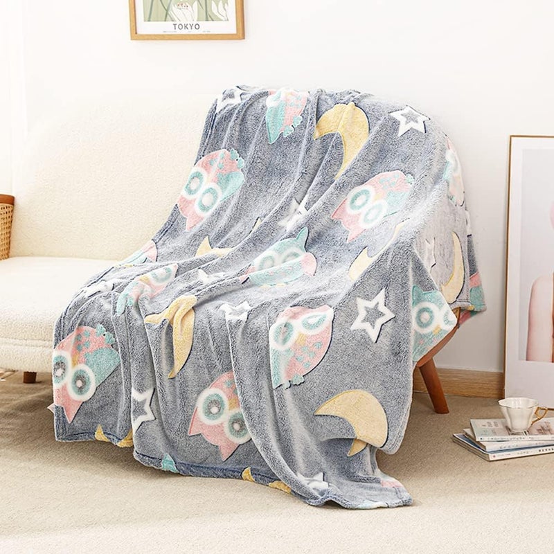 KTrading Blankets for Children Glow in The Dark Blanket Cartoon Print Blankets for Kids Light Weight Soft Cozy ToddlersTravel Lightweight Blanket Multicolor Pack of 1 Grey Owl - Image 2