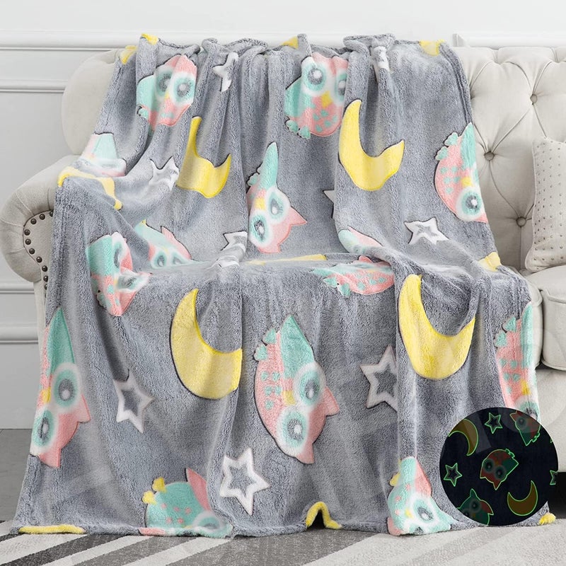 KTrading Blankets for Children Glow in The Dark Blanket Cartoon Print Blankets for Kids Light Weight Soft Cozy ToddlersTravel Lightweight Blanket Multicolor Pack of 1 Grey Owl - Image 3
