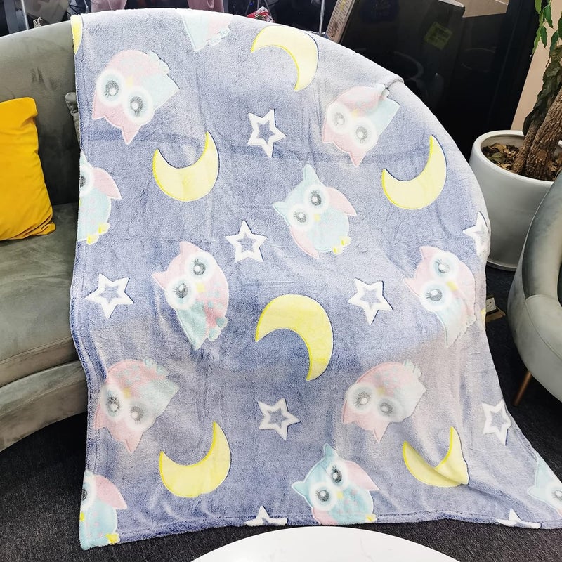 KTrading Blankets for Children Glow in The Dark Blanket Cartoon Print Blankets for Kids Light Weight Soft Cozy ToddlersTravel Lightweight Blanket Multicolor Pack of 1 Grey Owl - Image 4