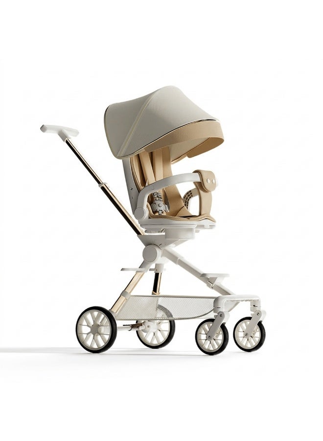RooRound Lightweight High Landscape Baby Stroller, One-Hand Foldable Travel Buggy with Flat Recline, Aluminum Alloy Frame, Safety Harness, Cup Holder & Food Tray (Khaki) - Image 1
