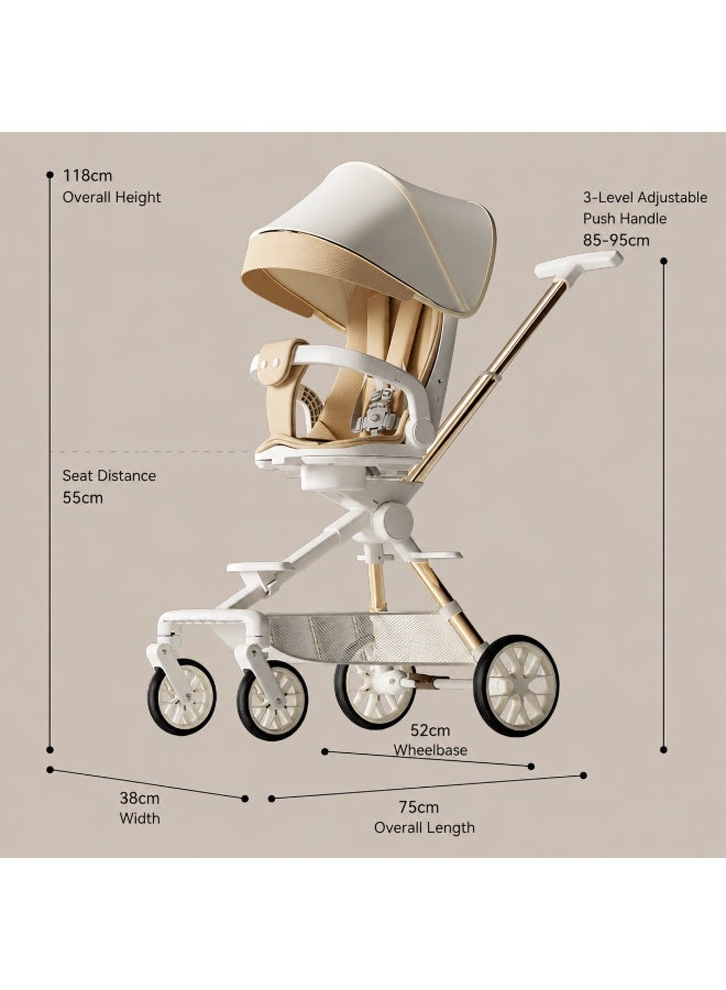 RooRound Lightweight High Landscape Baby Stroller, One-Hand Foldable Travel Buggy with Flat Recline, Aluminum Alloy Frame, Safety Harness, Cup Holder & Food Tray (Khaki) - Image 4