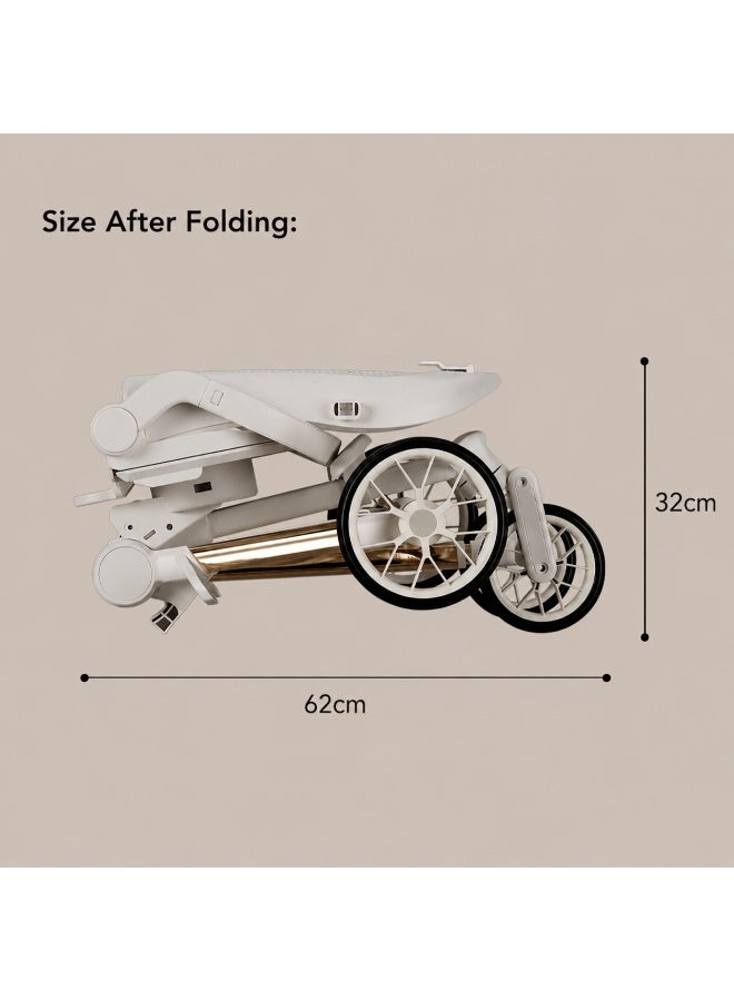 RooRound Lightweight High Landscape Baby Stroller, One-Hand Foldable Travel Buggy with Flat Recline, Aluminum Alloy Frame, Safety Harness, Cup Holder & Food Tray (Khaki) - Image 5