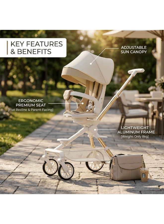 RooRound Lightweight High Landscape Baby Stroller, One-Hand Foldable Travel Buggy with Flat Recline, Aluminum Alloy Frame, Safety Harness, Cup Holder & Food Tray (Khaki) - Image 2