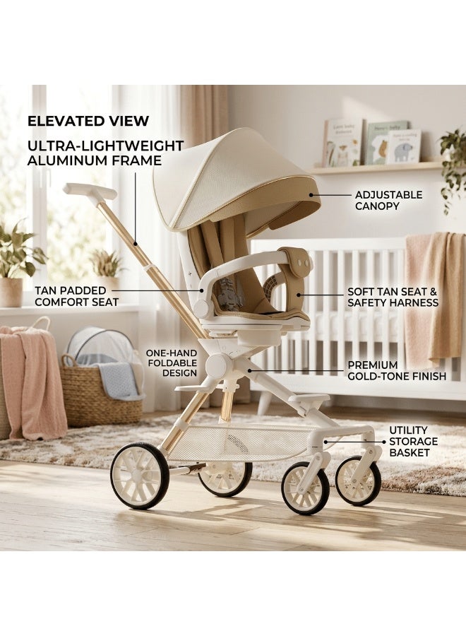 RooRound Lightweight High Landscape Baby Stroller, One-Hand Foldable Travel Buggy with Flat Recline, Aluminum Alloy Frame, Safety Harness, Cup Holder & Food Tray (Khaki) - Image 3