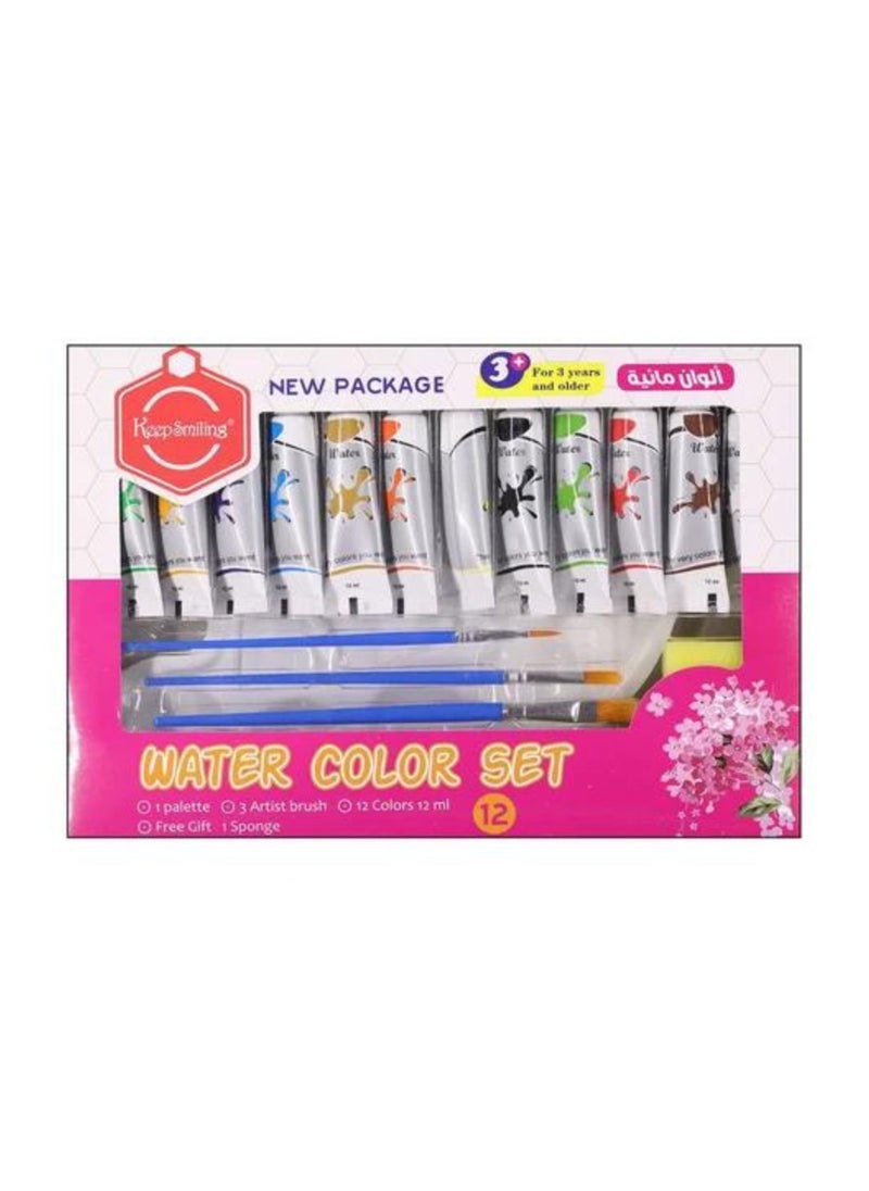 Keep Smiling Water Color Set including Palette Artist Brush Sponge and set of 12 colors  - Image 1