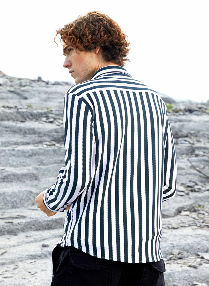Campus Sutra Men's Navy Blue & Cream White Nautical-Stripe Utility Shirt