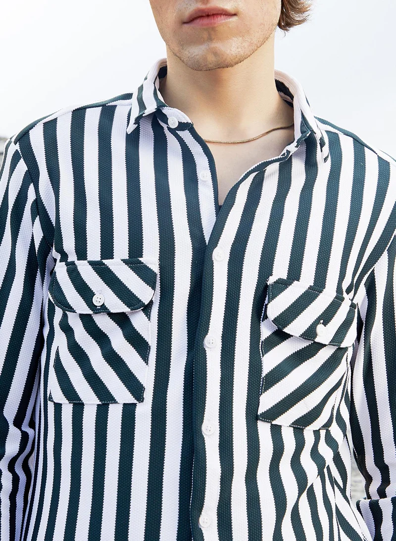 Campus Sutra Men's Navy Blue & Cream White Nautical-Stripe Utility Shirt