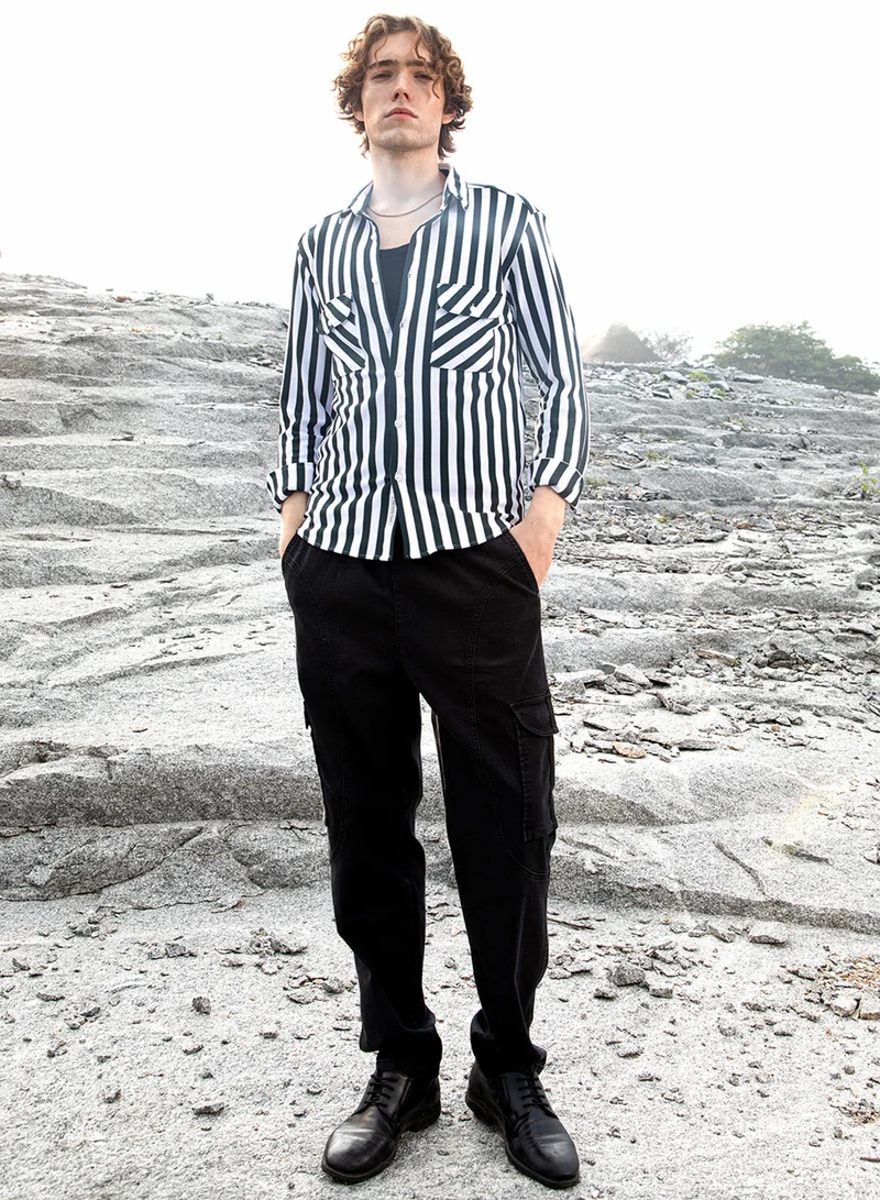 Campus Sutra Men's Navy Blue & Cream White Nautical-Stripe Utility Shirt