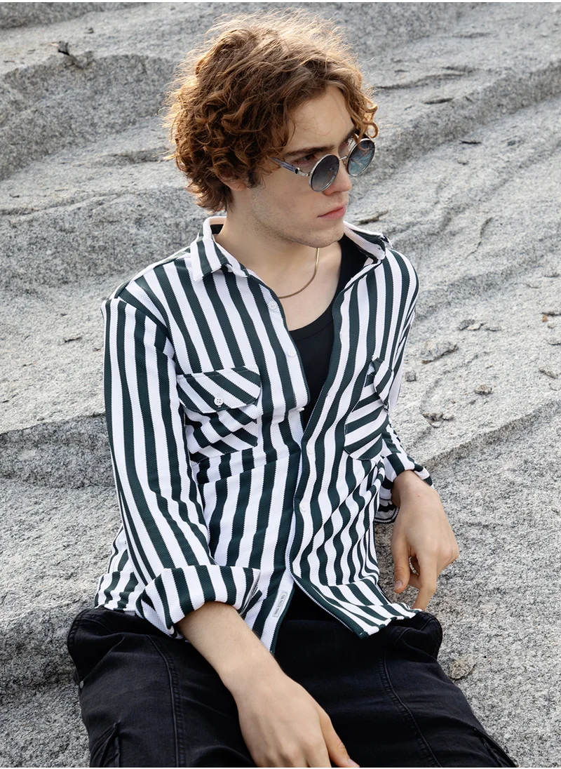 كامبوس سوترا Men's Navy Blue & Cream White Nautical-Stripe Utility Shirt