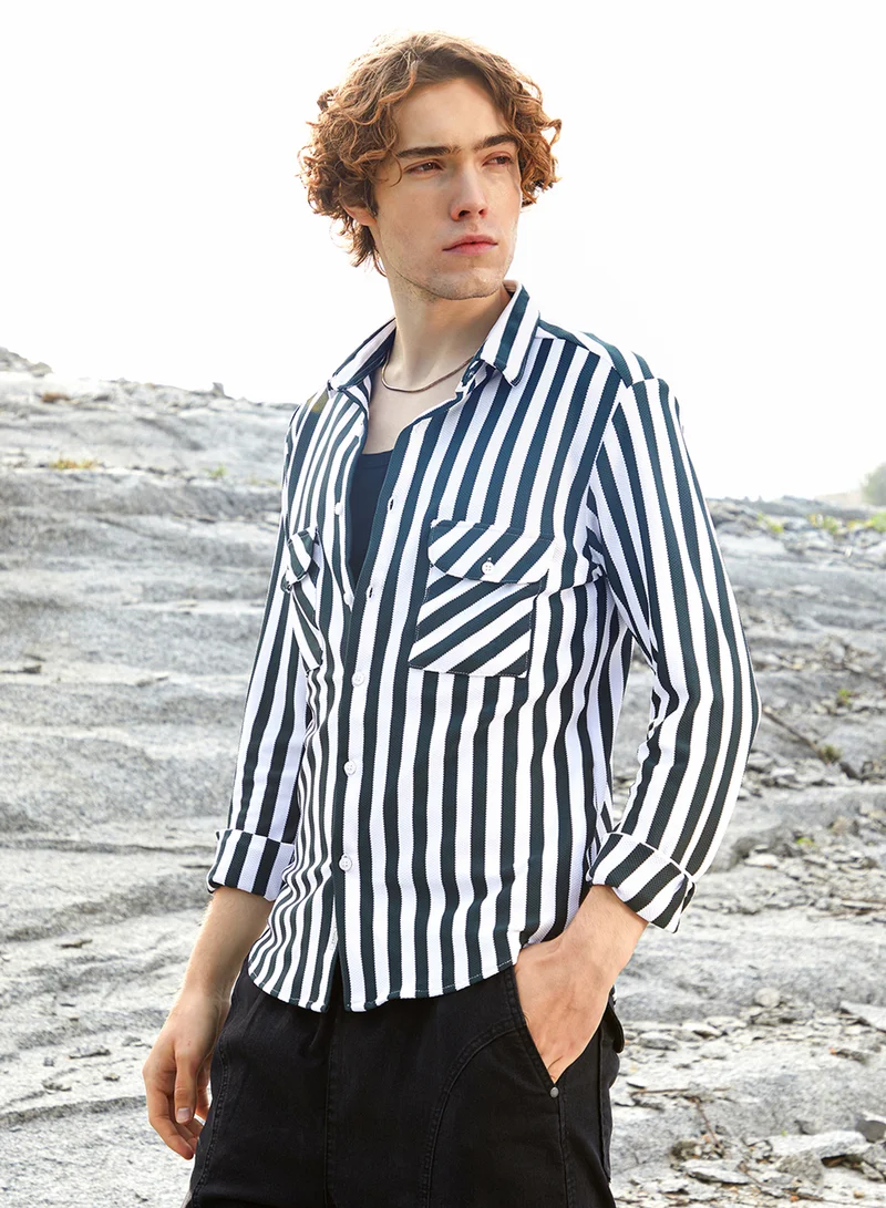 Campus Sutra Men's Navy Blue & Cream White Nautical-Stripe Utility Shirt
