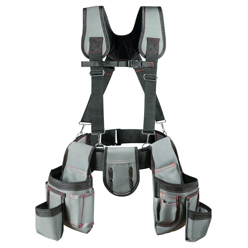 seektik Tool Belt with Suspenders for Men Tool Belt Pouch Kit Bags with Adjustable Waist Pockets for Electricians Carpenters Gardeners Construction Workers Multiple Pocket with Hammer Loop - Image 2