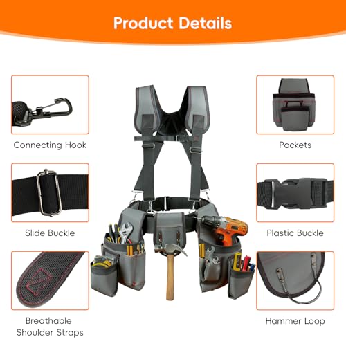 seektik Tool Belt with Suspenders for Men Tool Belt Pouch Kit Bags with Adjustable Waist Pockets for Electricians Carpenters Gardeners Construction Workers Multiple Pocket with Hammer Loop - Image 3