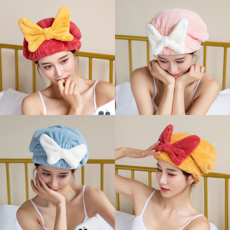 Coral fleece hair drying cap absorbent and easy-to-dry bow shower cap thickened princess hat hair drying towel one-piece delivery - Image 4