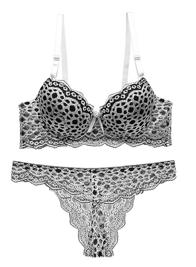 White And Black Color Matching Leopard grain Lace Bra Panty Set