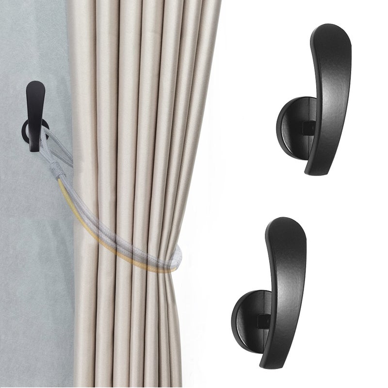 HEMOUR Curtain Holdback 2pcs Wall Mounted Drapery Tiebacks with Screws Decorative Drapery Metal Hook Wall Hanger Black