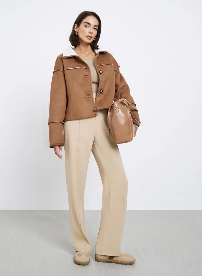 Styli Boxy Fit Suede Look Jacket with Fur Trim