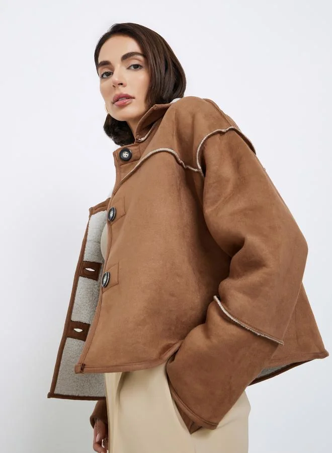 Styli Boxy Fit Suede Look Jacket with Fur Trim