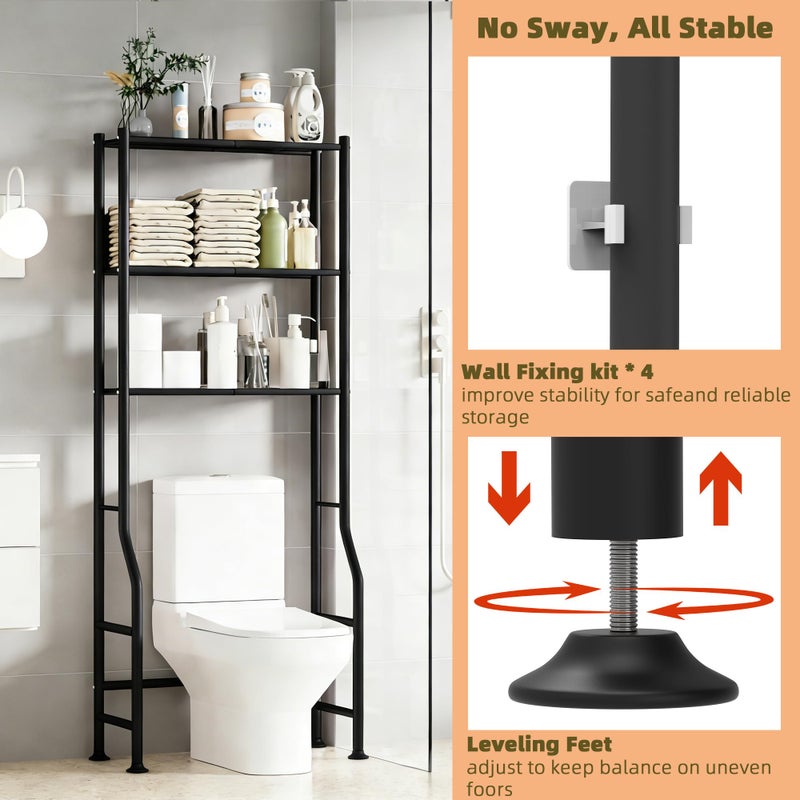 Livilord 3-Tier Over The Toilet Storage Rack, Space Saver Metal Bathroom Shelves, Freestanding Over Toilet Bathroom Organizer for Bathroom/Living Room, Black - Image 4