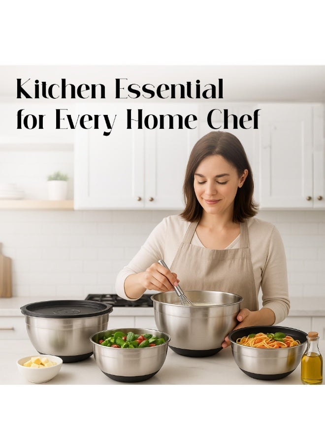 يلا جوي مجموعة أوعية خلط مع أغطية، أوعية خلط من الفولاذ المقاوم للصدأ مع أغطية محكمة الإغلاق، حاويات تخزين الطعام،  مجموعة من 3 قطع مع قواعد مانعة للانزلاق، مستلزمات المطبخ الأساسية للخبز - Image 2