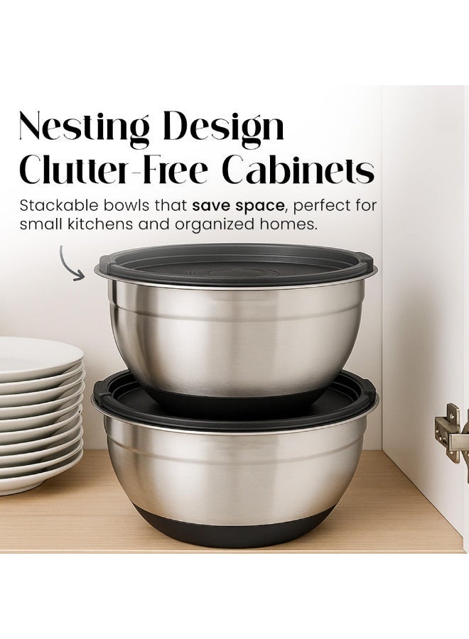 يلا جوي مجموعة أوعية خلط مع أغطية، أوعية خلط من الفولاذ المقاوم للصدأ مع أغطية محكمة الإغلاق، حاويات تخزين الطعام،  مجموعة من 3 قطع مع قواعد مانعة للانزلاق، مستلزمات المطبخ الأساسية للخبز - Image 4