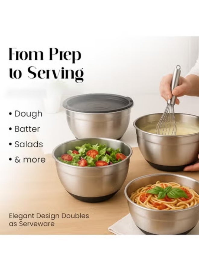 يلا جوي مجموعة أوعية خلط مع أغطية، أوعية خلط من الفولاذ المقاوم للصدأ مع أغطية محكمة الإغلاق، حاويات تخزين الطعام،  مجموعة من 3 قطع مع قواعد مانعة للانزلاق، مستلزمات المطبخ الأساسية للخبز - Image 3