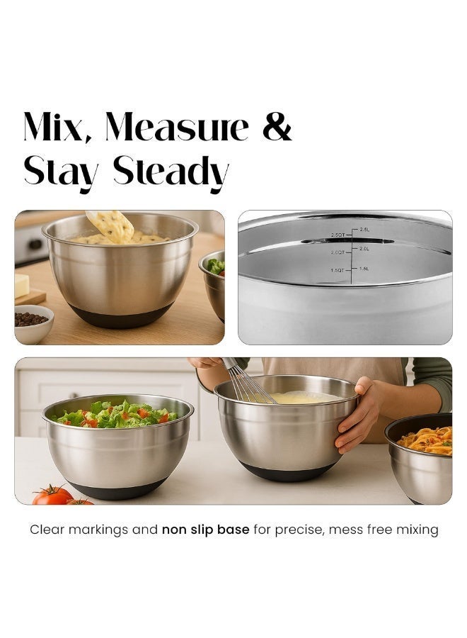 يلا جوي مجموعة أوعية خلط مع أغطية، أوعية خلط من الفولاذ المقاوم للصدأ مع أغطية محكمة الإغلاق، حاويات تخزين الطعام،  مجموعة من 3 قطع مع قواعد مانعة للانزلاق، مستلزمات المطبخ الأساسية للخبز - Image 5