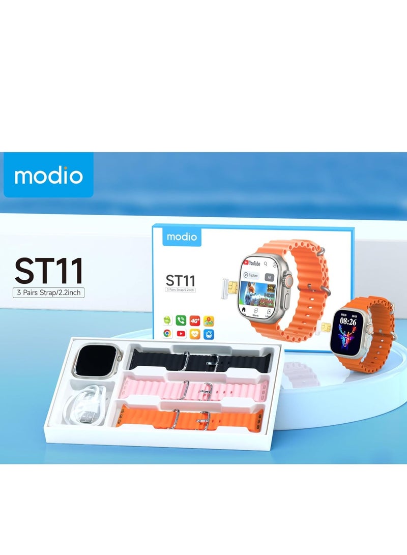 موديو ساعة ذكية ST11 بشاشة عرض كاملة 2.2 بوصة مع فتحة شريحة اتصال جيل رابع اندرويد و3 أزواج من الأساور للدعم وشاحن لاسلكي للنساء والرجال من موديو - Image 2