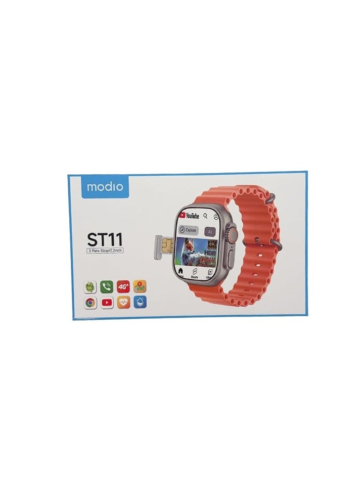 موديو ساعة ذكية ST11 بشاشة عرض كاملة 2.2 بوصة مع فتحة شريحة اتصال جيل رابع اندرويد و3 أزواج من الأساور للدعم وشاحن لاسلكي للنساء والرجال من موديو - Image 4