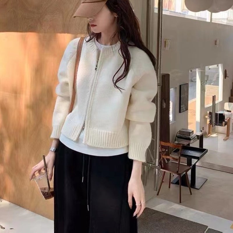 2024 Fall Winter Grey Loose Zip-up Knit Sweater Jacket for Women White  - Image 1