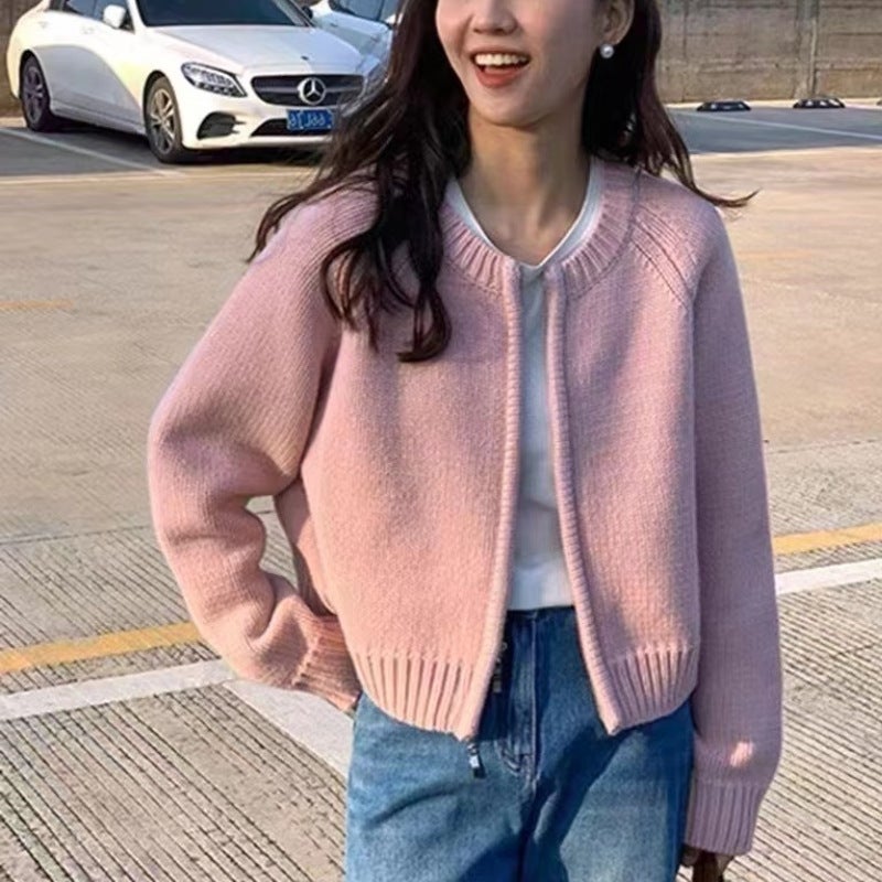 2024 Fall Winter Grey Loose Zip-up Knit Sweater Jacket for Women White  - Image 4