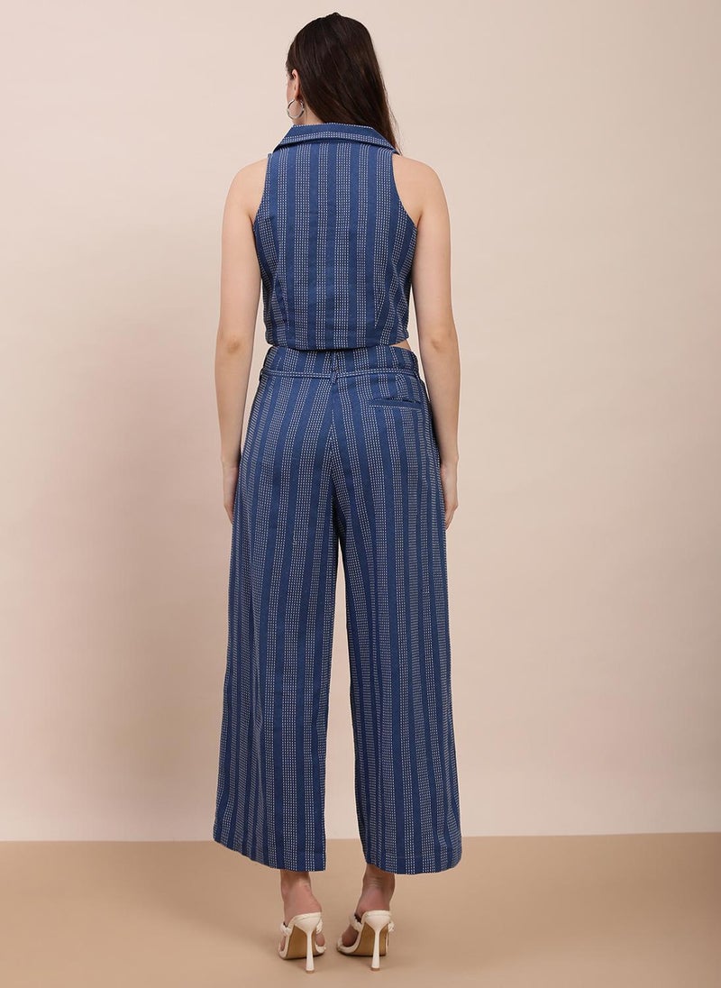Globus Women Blue Self-Design Notched Lapel Crop Shirt & Wide Leg Trousers Workwear Co-Ord Set - Image 4